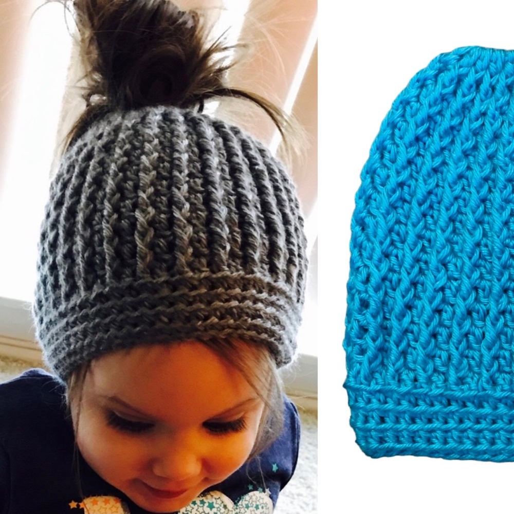 HAND CROCHETED Messy Bun Ponytail Beanie Teal Blue